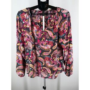 Emily Wonder Womens Pink Yellow Paisley Long Sleeve V-Neck‎ Blouse Top Size M